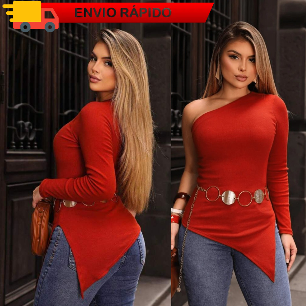 Blusa Feminina Assimétrica Mula Manca Ombro Só Inverno Ribana Canelada Manga Longa Telha Preto Marrom Tendência Conforto