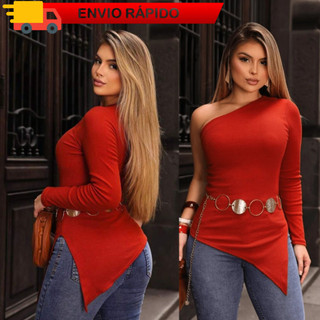 Blusa Feminina Assimétrica Manga Comprida Mula Manca Ombro Só Ribana Canelada  Telha Preto Marrom Tendência