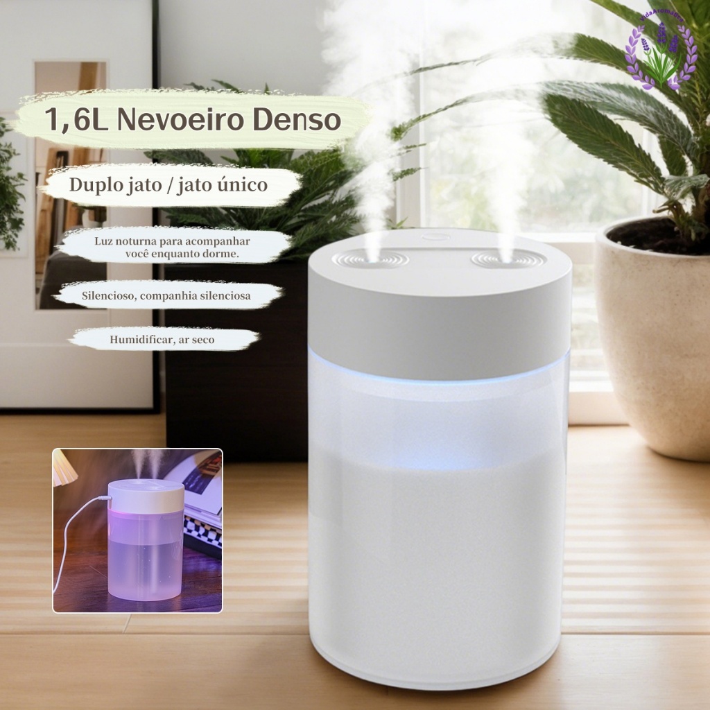 Umidificador De Ar Ultrassônico Grande ​Aromatizador 1600ml Com Bico Duplo Usb Luzes LED's