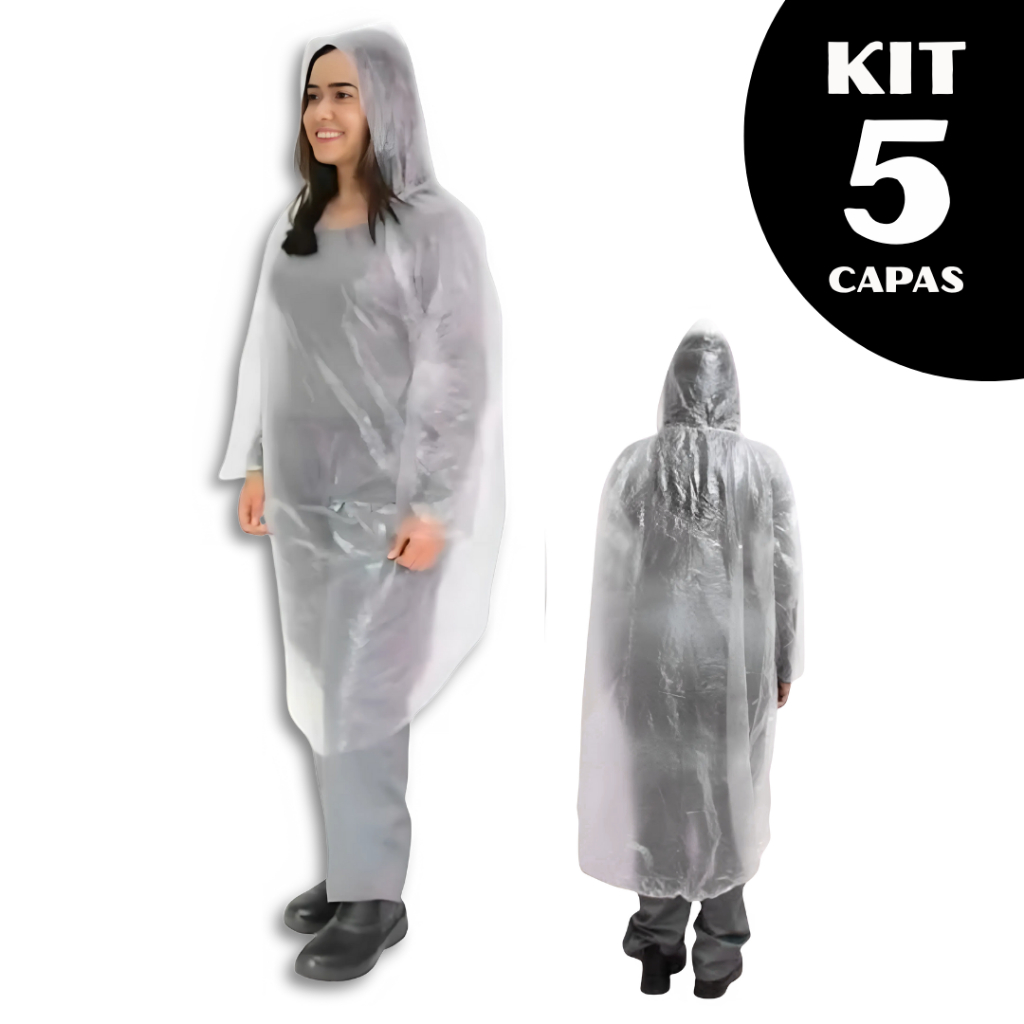 Kit 5 Capa Chuva Descartável Transparente Proteção Plástico Adulto Eventos Unissex Incolor Com Capuz