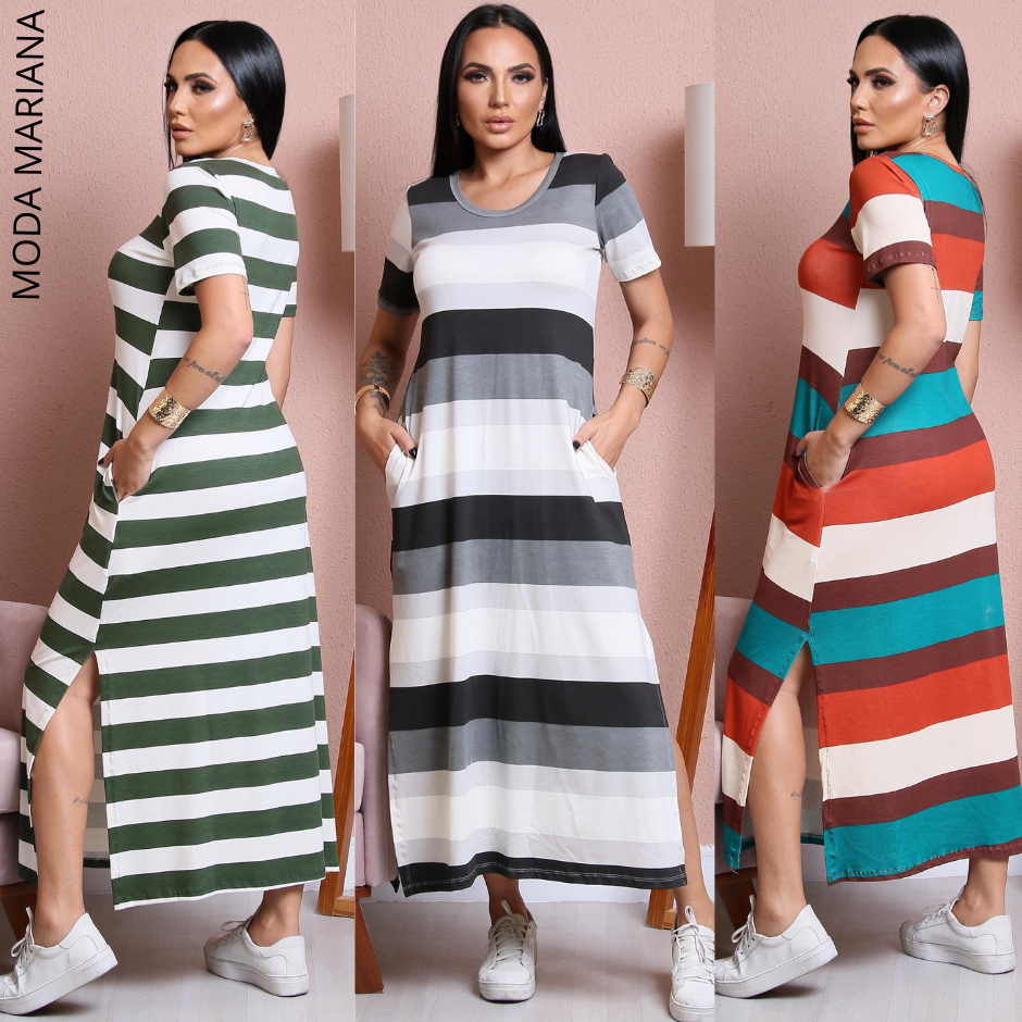 Vestido Listrado Feminino Mídi Manga Curta Fenda Lateral com Bolso em Oferta na Shopee