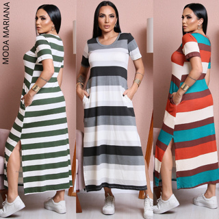 Vestido Listrado Feminino Mídi Manga Curta Fenda Lateral com Bolso em Oferta na Shopee