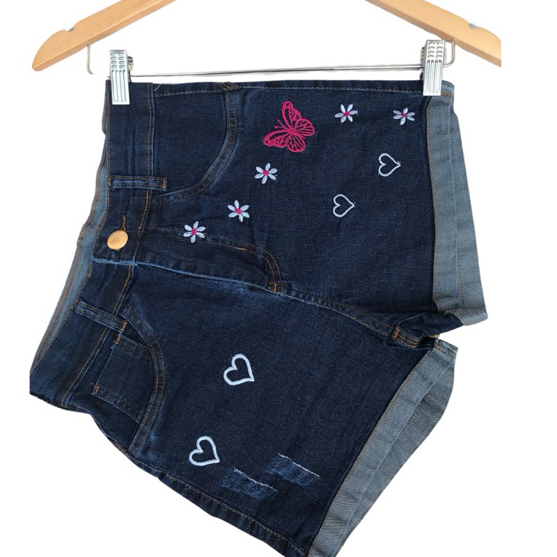 Short Jeans Bordado feminino com lycra cintura alta levanta bumbum cos alto confortavel elegante em Oferta na Shopee