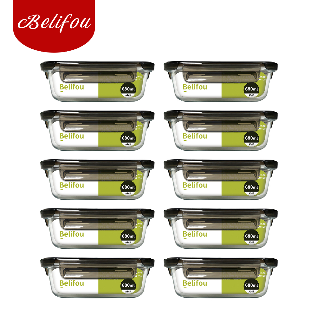 Belifou Kit 4/10 Potes Vidro Hermético 680ml Retangular 4 Travas Marmita Premium em Oferta na Shopee