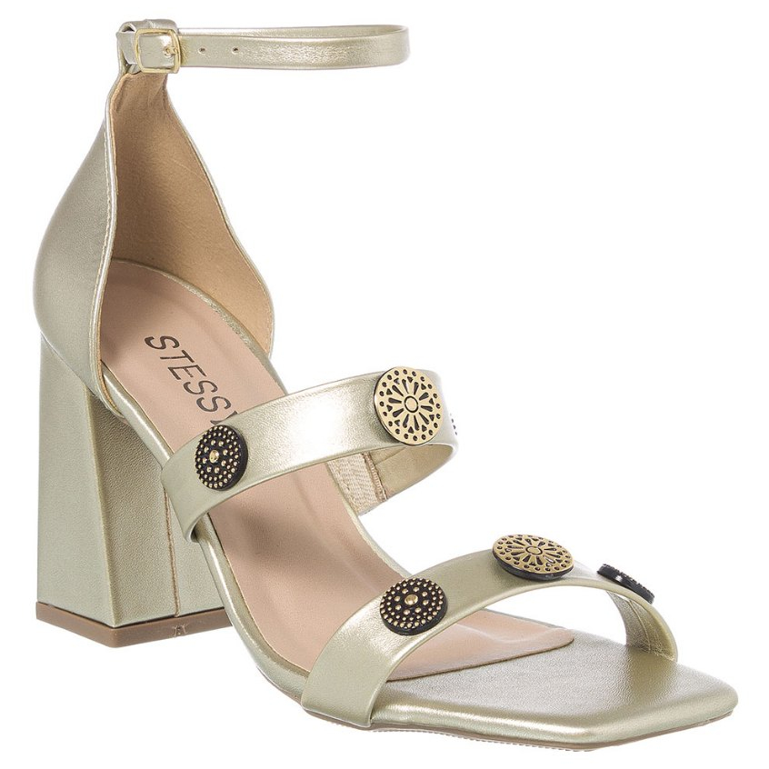 Sandália Feminina Salto Alto Bico Quadrado Traseiro Fechado Enfeite Metalizado Confortável Promoção em Oferta na Shopee