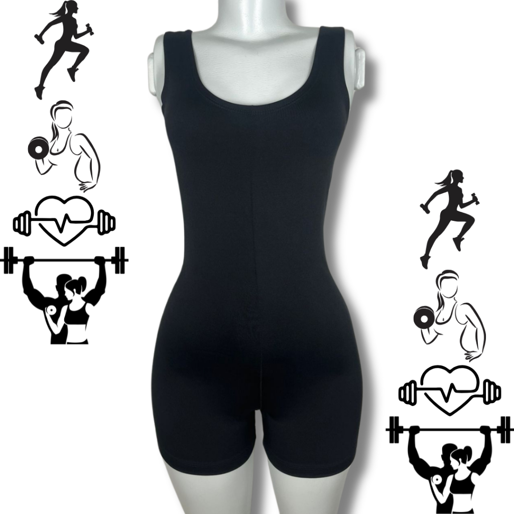 Macacão Fitness Preto Suplex Reforçado com Decote Costas Moda Academia Yoga Treino Levanta Bumbum