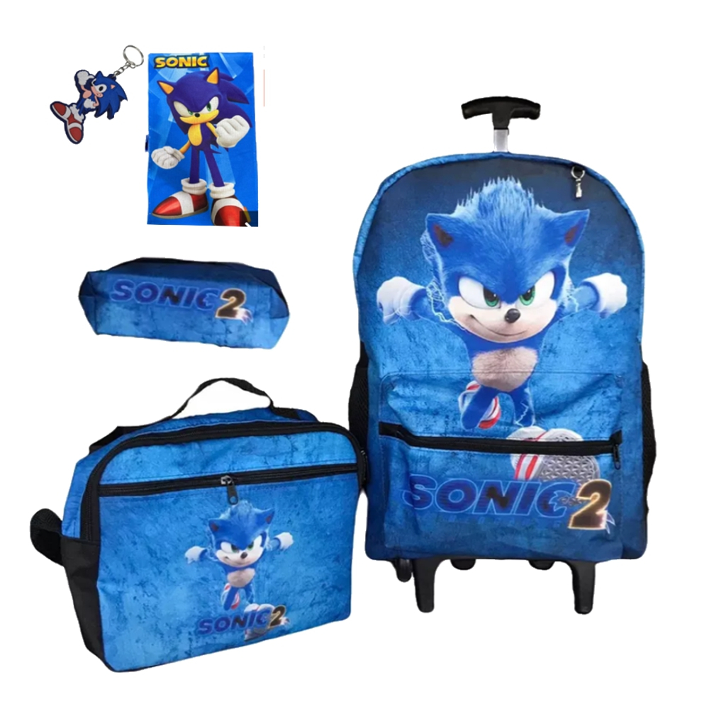 Mochila Do Sonic Kit Mochila Escolar Completo de Rodinhas com Chaveiro