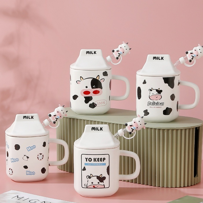 Caneca divertida de cerâmica 330ML Copo de Cerâmica + Tampa de Cerâmica + Canudo de Vidro ...