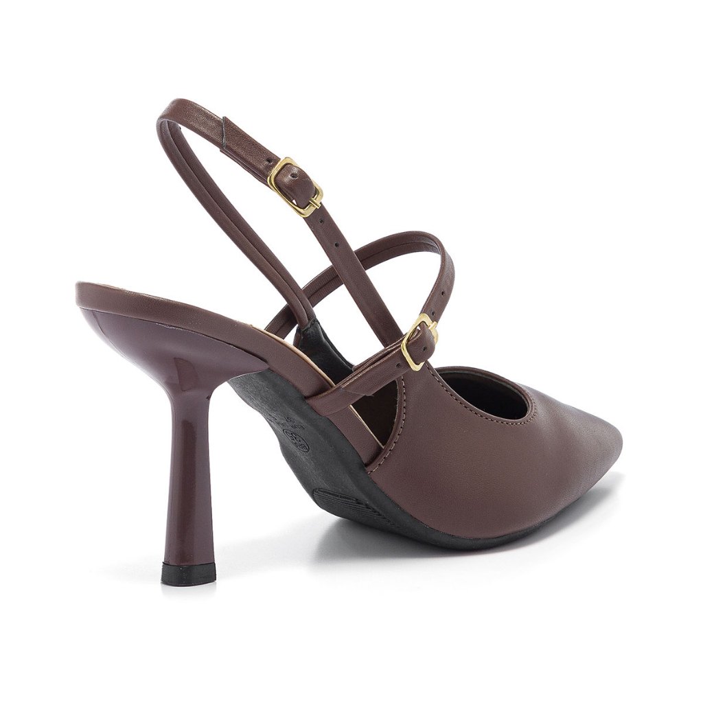 Detalhes do Scarpin Slingback Feminino Stessy Shoes Salto Alto Bico Fino Fivela Elegante e Confortável Marrom