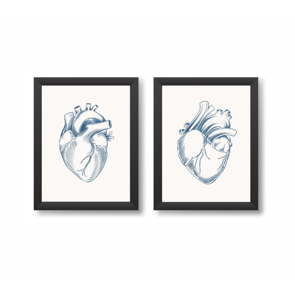 Kit 2 Quadros Decorativos Coração Consultório Médico de Cardiologia Moldura 20x30cm Madeira