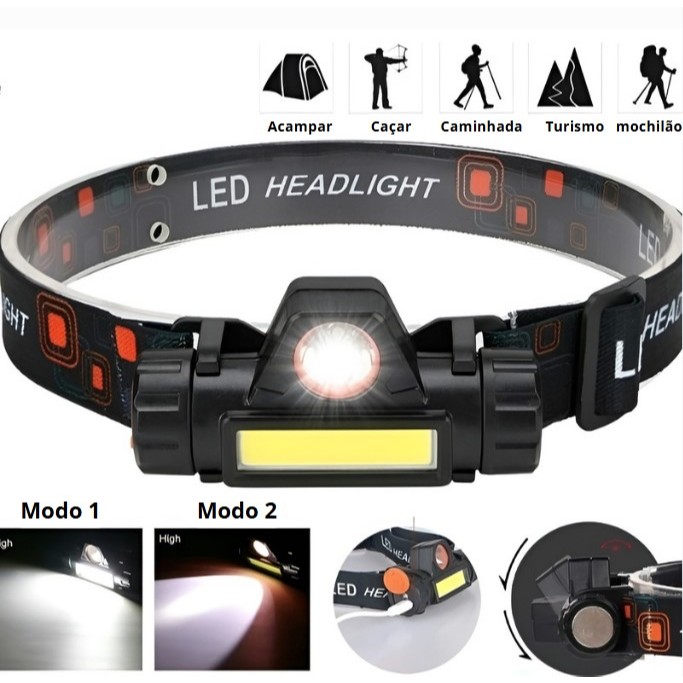 Imagem Lanterna de Cabeça Recarregável c/LED XPE + COB, Ímã Lateral e Alça Elástica/Potência e Praticidade