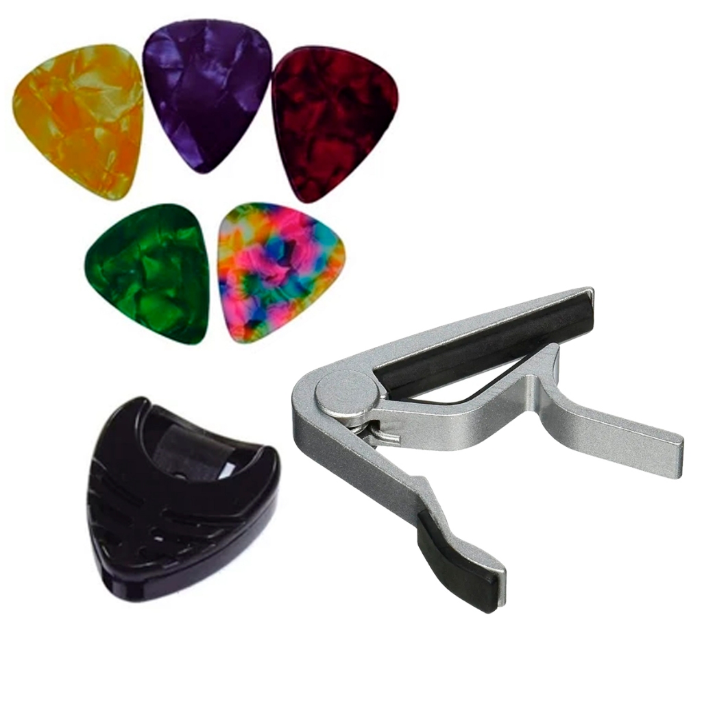 Imagem Capotraste Pestana Braçadeira Violão Guitarra Ukulele NV/PRT+ Porta Palhetas+ 5 Palhetas