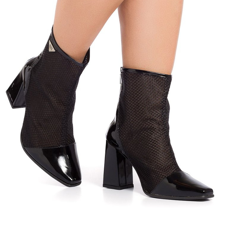 Bota Feminina  Stessy Shoes Salto Alto Grosso Bloco Tela Cano Curto Bico Quadrado Confortável Luxo em Oferta na Shopee