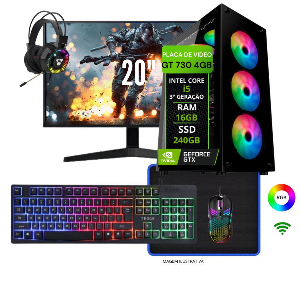 Pc gamer Completo i5 placa de video Geforce 4GB/ Ssd 240GB /16GB /Fonte 500W/Wifi/Tela 20'' + Nfe