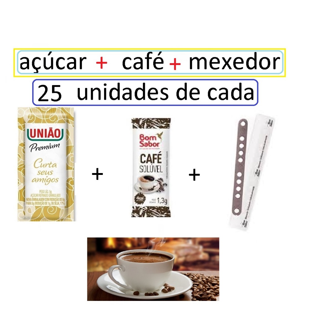 kit Sache Açúcar 5gr união + café 1,3gr + mexedor BOM SABOR CX- 25 un de cada em Oferta na Shopee