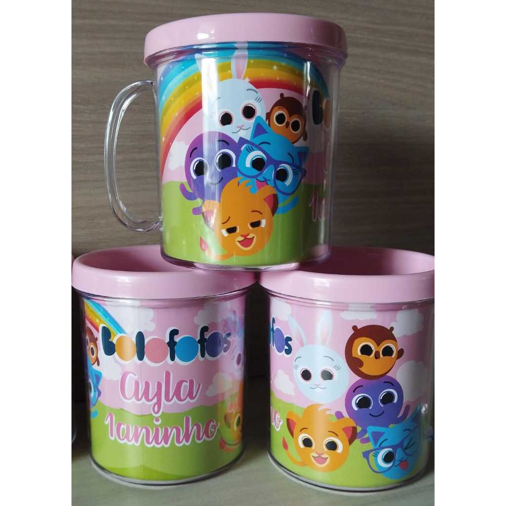 10 canecas acrílicas personalizadas para festa infantil, lembrancinhas. Bolofofo