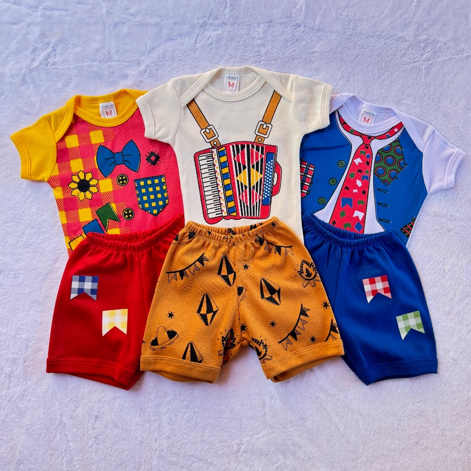 Conjunto Infantil (Body + Short) Temático De Festa Junina - 100% Algodão - Roupas De São João