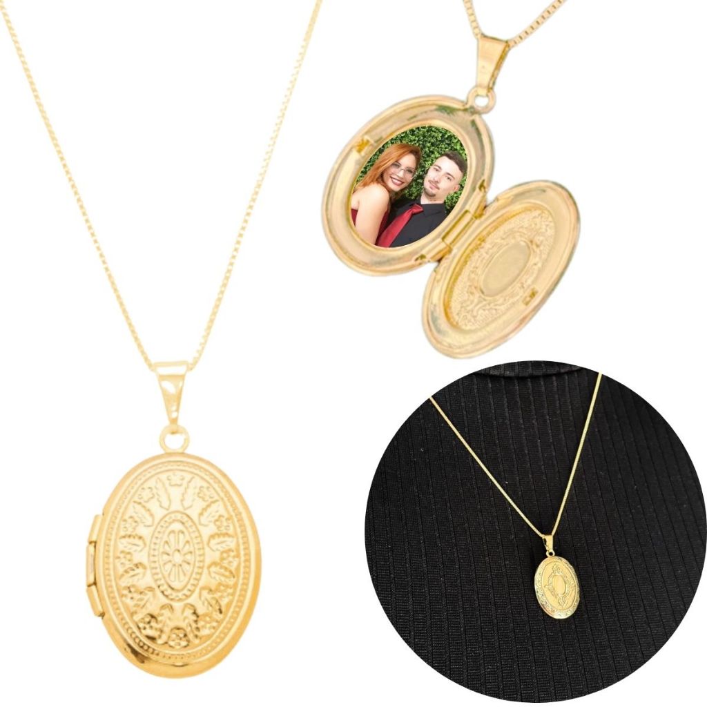 Relicário masculino Ouro 18k Oval  + 2 Fotos + corrente LONGA de 60cm + Caixa personalizada Folheado