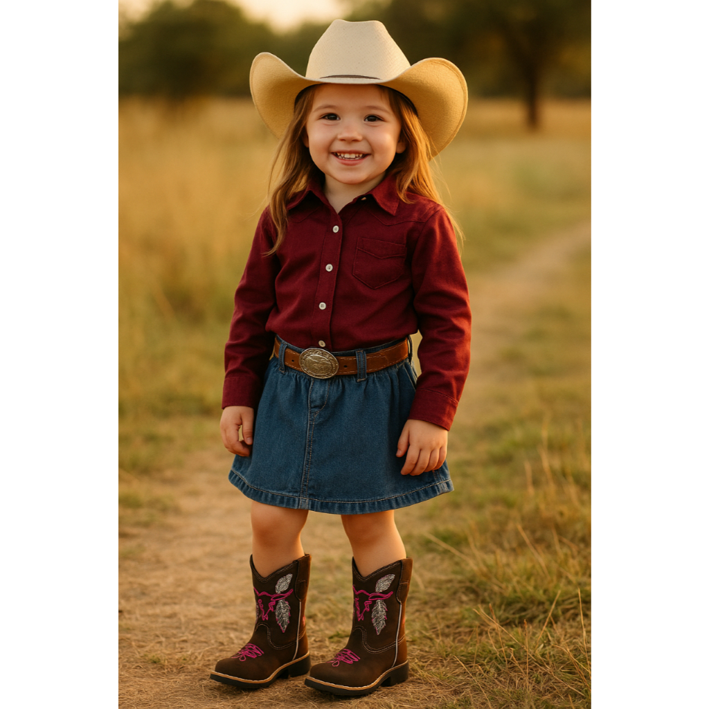 Bota Country Infantil Feminina Marrom Detalhe Boi Rosa Western Texana Zíper Lateral