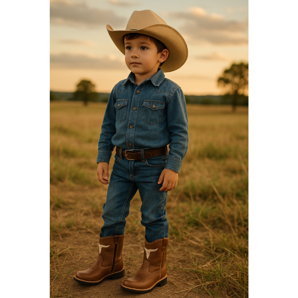 Bota Infantil Menino Country Couro Detalhe Boi Texana Rustica Peão Cavalgada Roça Sertanejo