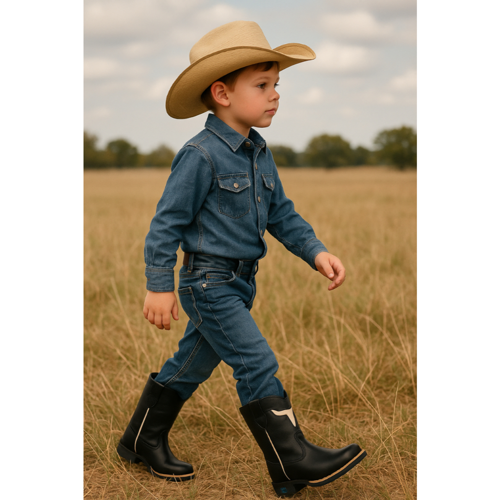 Bota Infantil Menino Country Couro Preto Detalhe Boi Texana Rustica Peão Cavalgada Roça Sertanejo