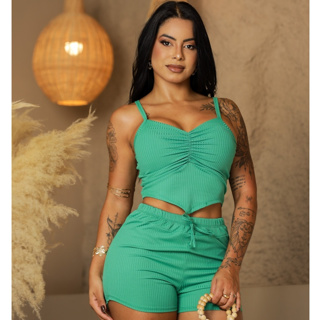 Conjunto Canelado Feminino Franzido Short e Cropped Moda Estilosa em Oferta na Shopee