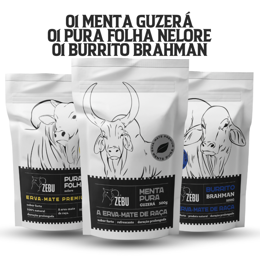 Kit 03 ERVAS TERERÉ ZEBU - MENTA, PURA FOLHA E BURRITO 500g