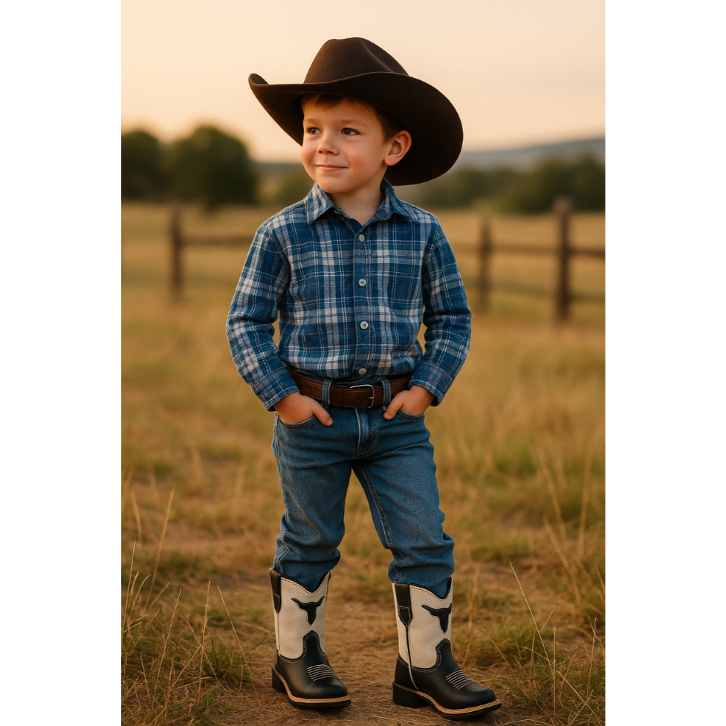 Bota Infantil Menino Country Couro Preto Detalhe Boi Texana Rustica Peão Cavalgada Roça Sertanejo