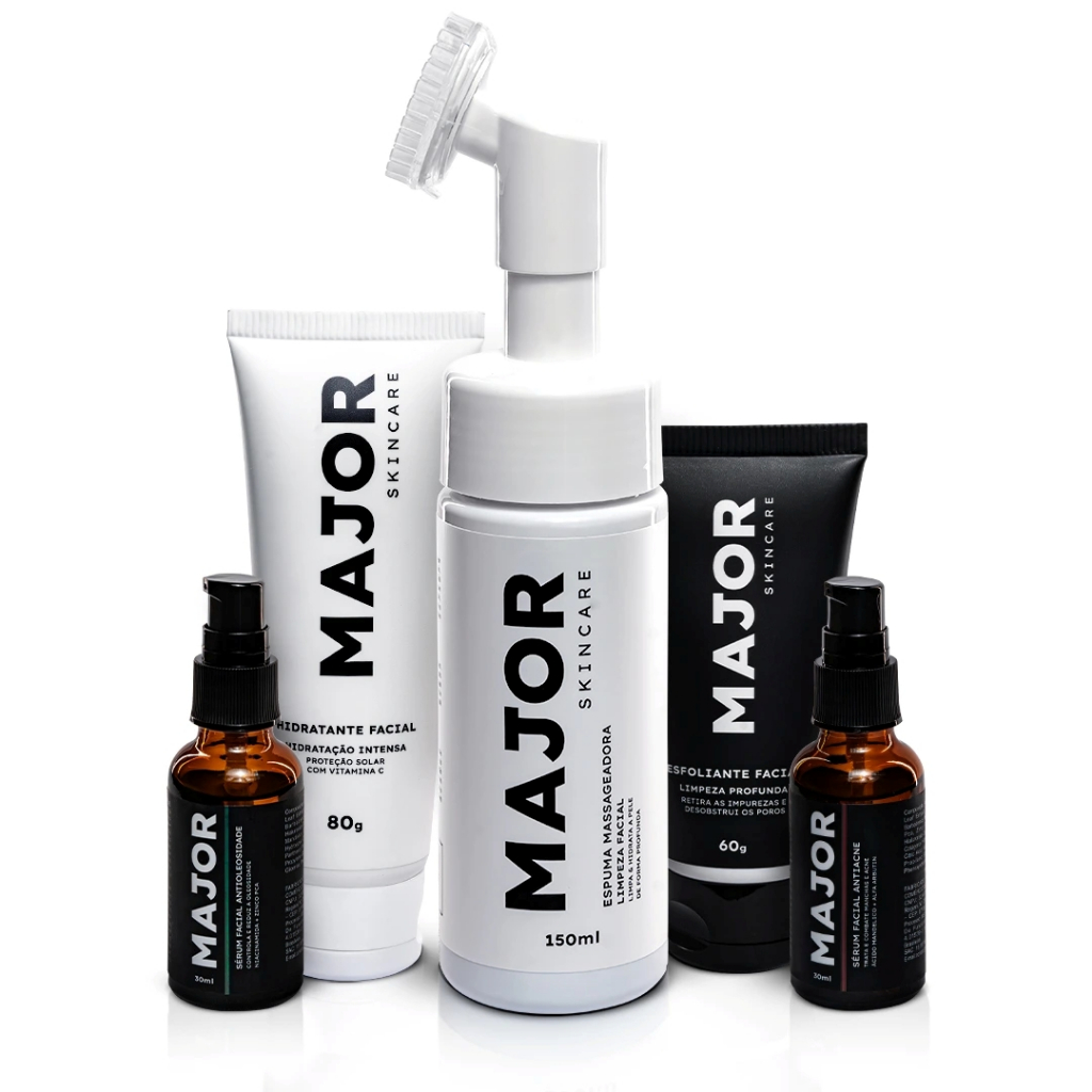 Kit Skincare Premium Espuma Massageadora+Esfoliante Facial+Hidratante Facial+Sérum Antiacne+Sérum Antioliosidade - Major
