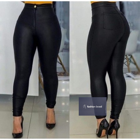 Calça Legging Disco Cintura Alta Cirre Couro Fake Bolsos Skinny Moda Feminina TAMANHO M