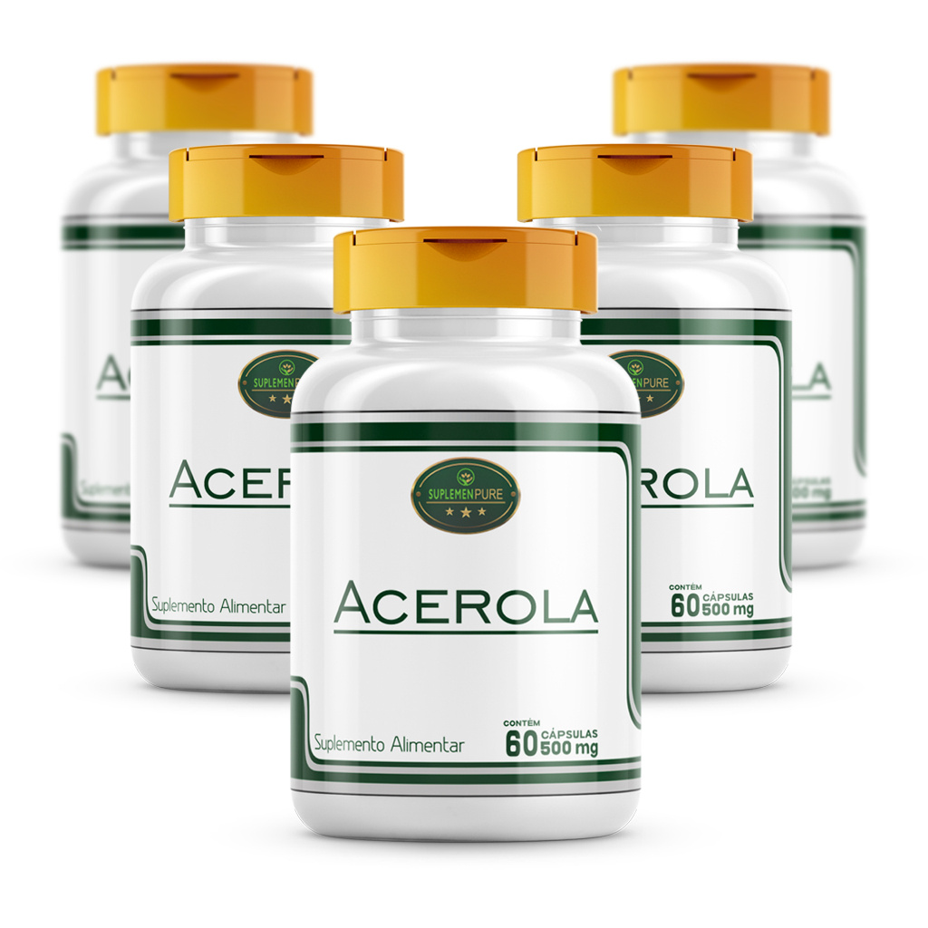 Kit 5 Frascos - Acerola ( Rica em vitamina C ) 500 Mg - 60 cápsulas