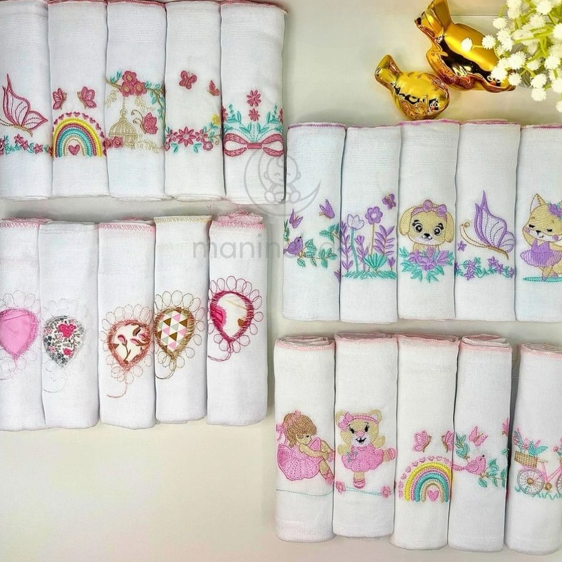 Kit Fralda de Pano Bordada para Bebê com 5 unidades 100% Algodão Menina e Menino Pano de B...