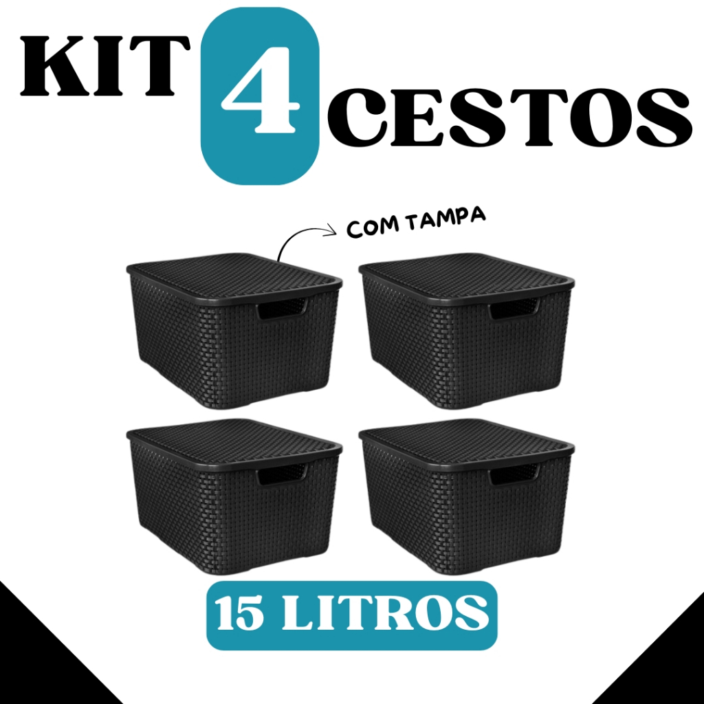 Kit Com 4 Unidades de Cesto Organizador Rattan Preto 15 Litros Com Tampa