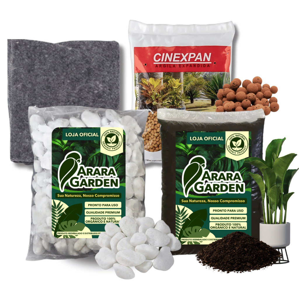 KIT PLANTIO + DOLOMITA ARARA GARDEN - 5KG /10KG TERRA VEGETAL + MANTA DE BIDIM + ARGILA EXPANDIDA + DOLOMITA BRANCA