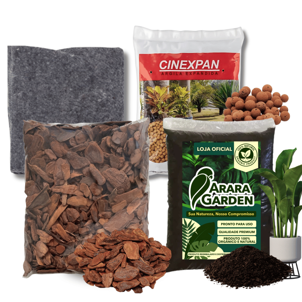 KIT PLANTIO + CASCA DE PINUS ARARA GARDEN – Terra Vegetal 5kg / 10kg + Manta de Bidim + Argila Expandida + Casca de Pinu
