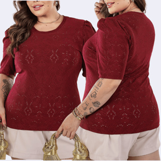 Blusa Feminina Manga Princesa Bufante Casual Moda Plus Size na Malha Lese com Detalhe Metal na Gola em Oferta na Shopee