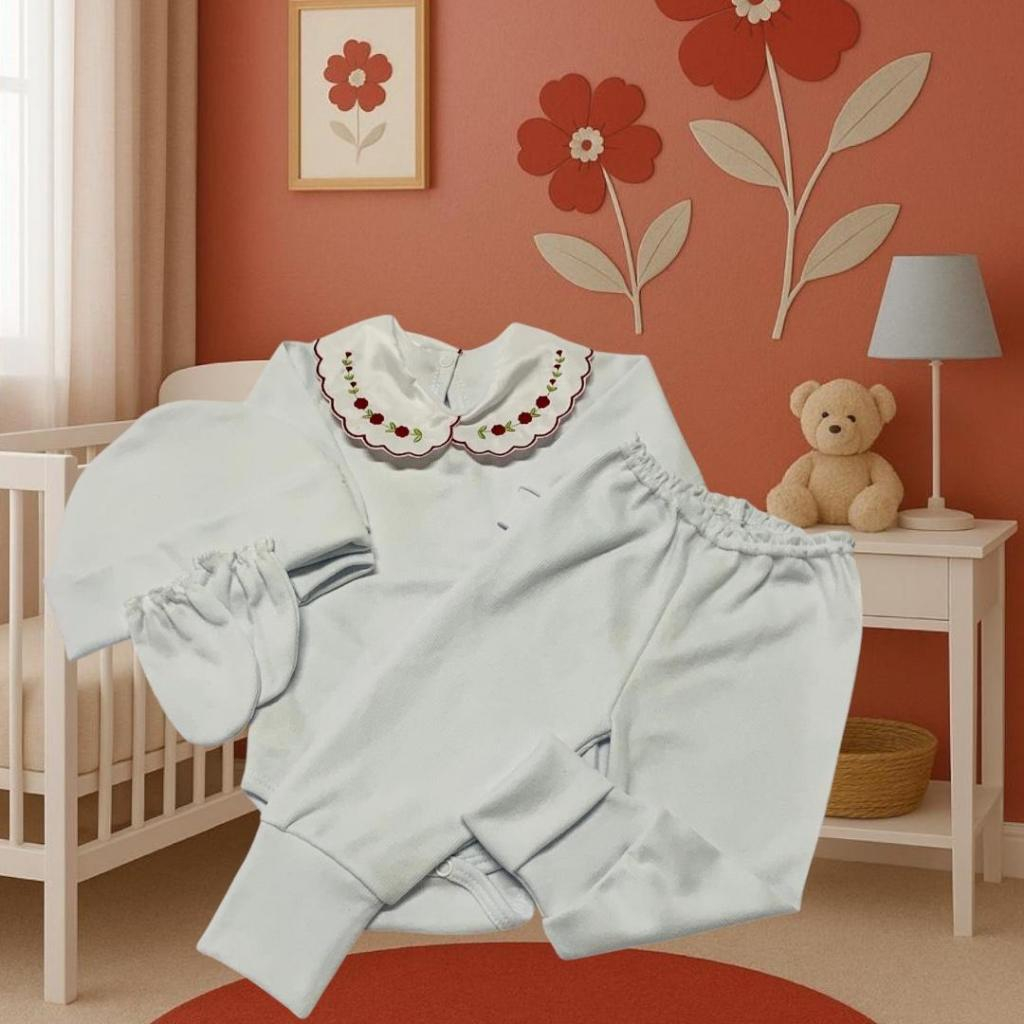 Kit 4pç – Body Bebê Gola Bordada + Calça Mijão Pé Reversível, Touca e Luva – Conforto e Charme em Oferta na Shopee