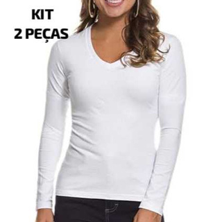 KIT 2 BLUSAS FEMININA MANGA LONGA GOLA V CAMISETA 100% ALGODÃO BÁSICA LISA em Oferta na Shopee