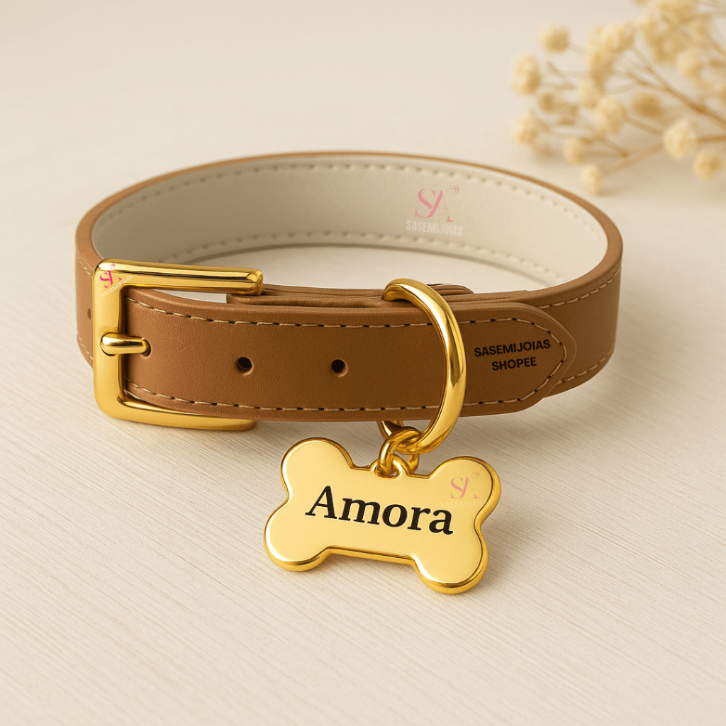Coleira Couro Legitimo com osso Dourado Tag Plaquinha Identificação em Oferta na Shopee