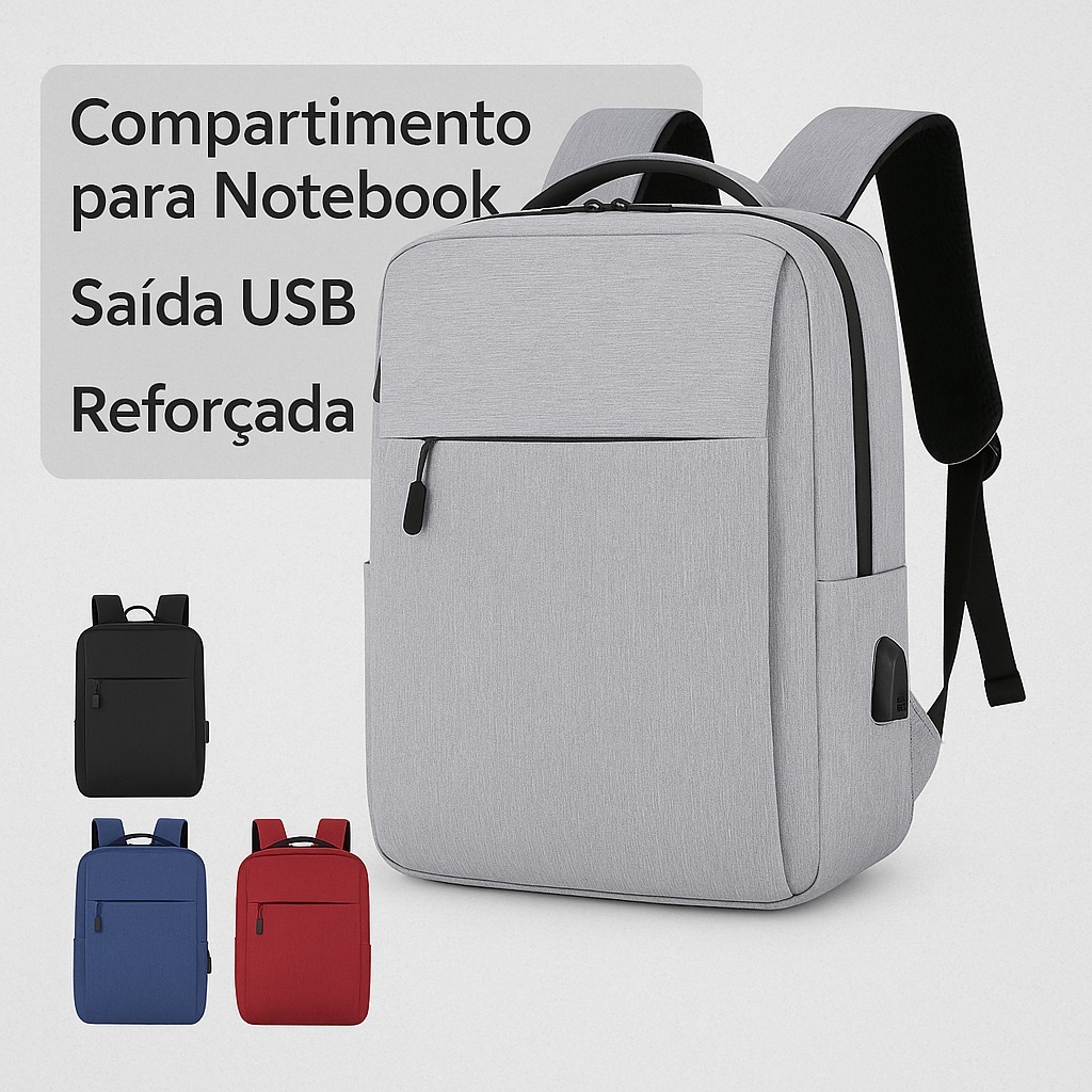 Mochila Reforçada Notebook Impermeável e Resistente com Saída USB – Escolar, Faculdade e Trabalho