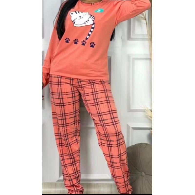 Pijama longo feminino HK estampa do gatinho salmão em Oferta na Shopee