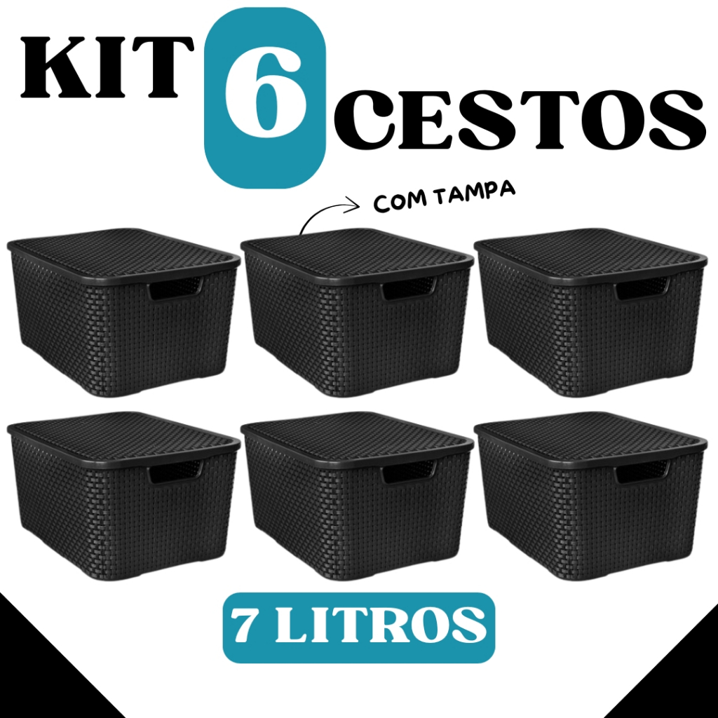 Kit 6 Cestos Caixa Organizadoras com Tampa Preto 7 Litros Rattan em Oferta na Shopee