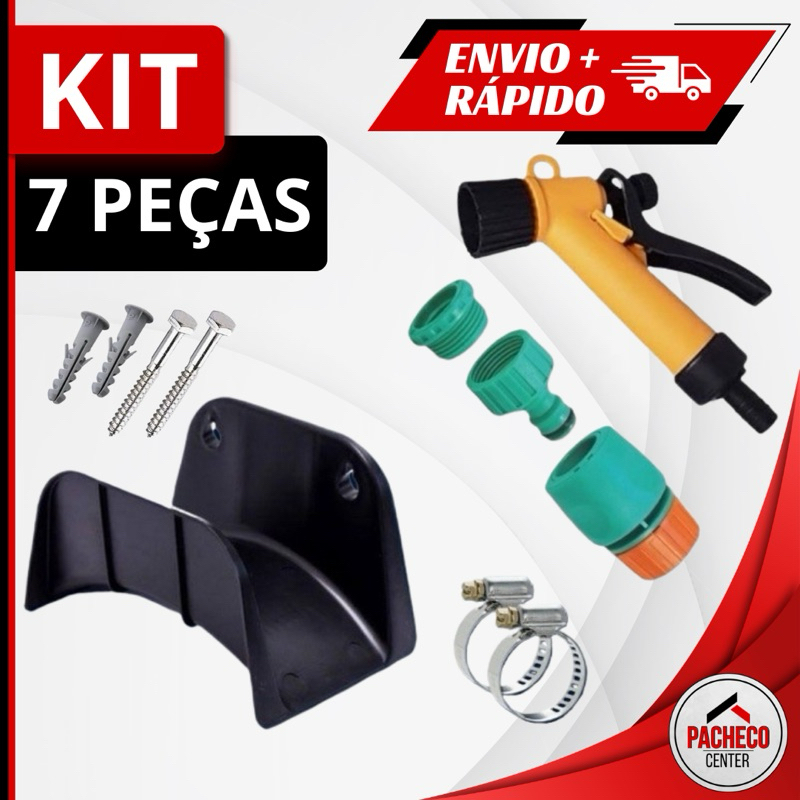 Kit Suporte de mangueira Jardim Esguicho Engate Rapido  Abracadeira Parafusos e Buchas