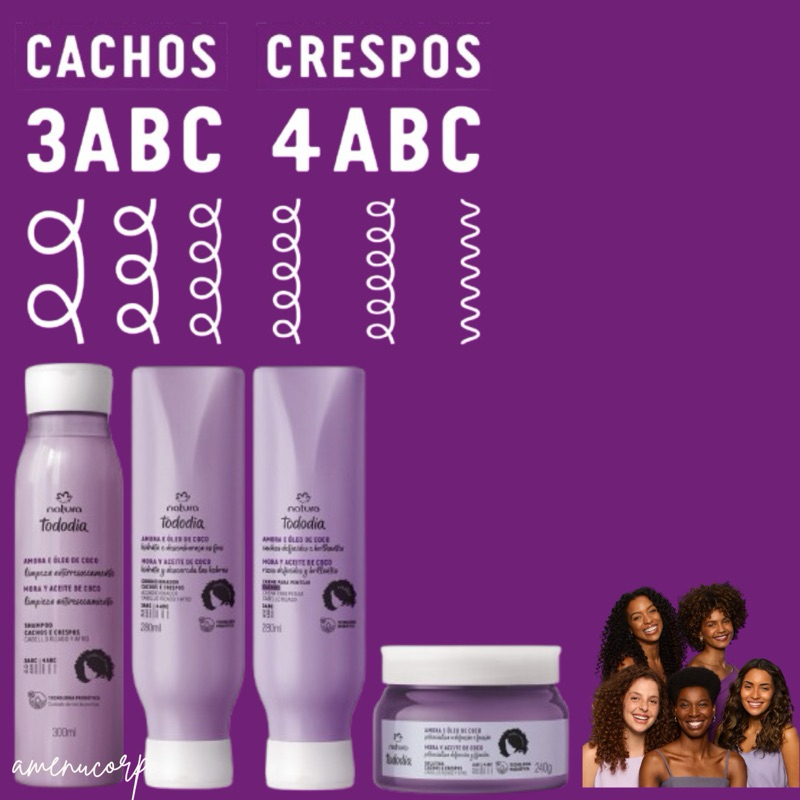 Natura Cachos e Crespos Shampoo Sem Sulfato + Condicionador + Creme para Pentear + Gelatina Capilar Hidratação e Definiç