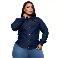 Camisa Jeans Plus Size Manga Longa Feminina