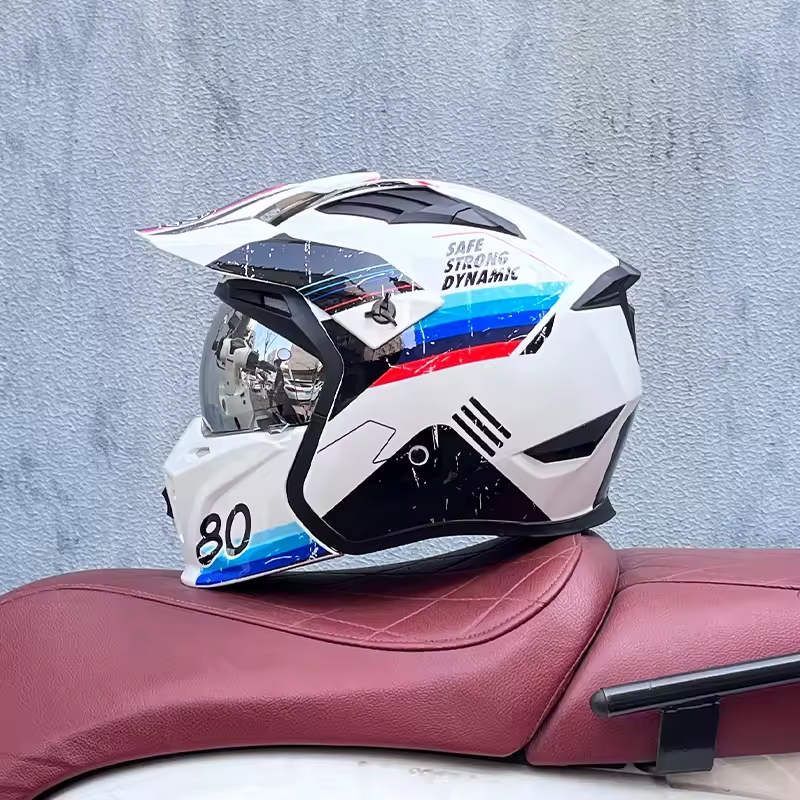 Capacete Retrô Branco co listras de Motocicleta Unissex – Full Face / Meio Capacete – DOT
