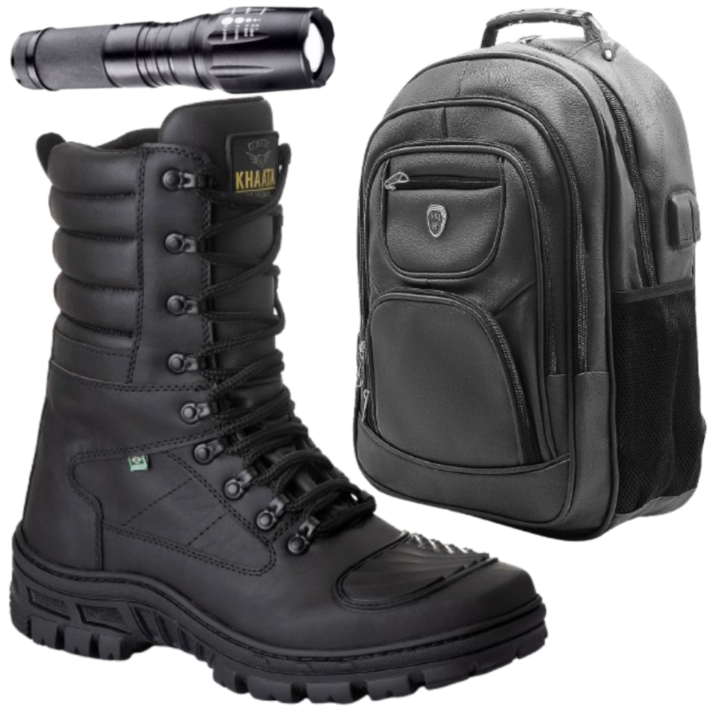 Kit Coturno Militar Motociclista Reforçado Antiderrapante Mais Mochila Espaçosa Lanterna Tática