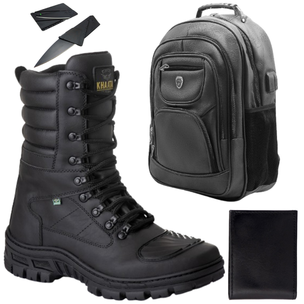 Kit Com Coturno Militar Tático Mochila Grande Costa USB Carteira Slim De Couro Faca Cartão Dobrável