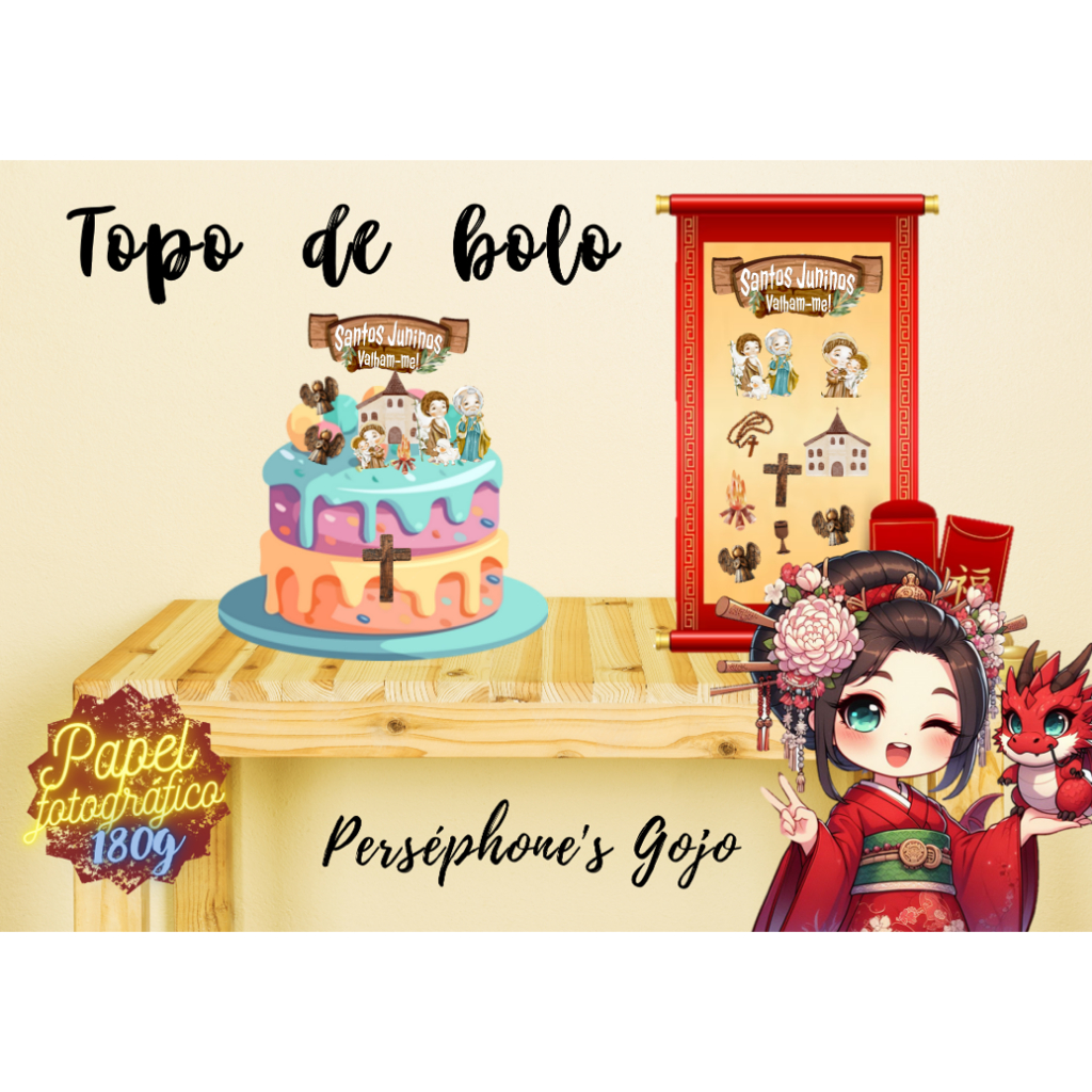Topo de bolo tema Santos Juninos (Santo Antônio, São João Batista e São Pedro)