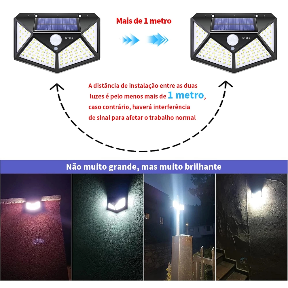 Kit 6 Luminária Solar 100 Led Com Sensor Para Jardim Externa Prova D'água Luz Led Solar Lâmpada  Refletor Para Jardim